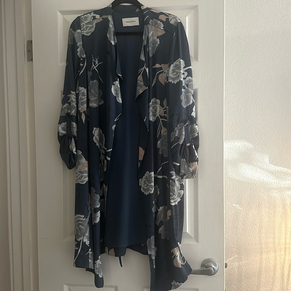 Teal blue with flowers lightweight trench with tie